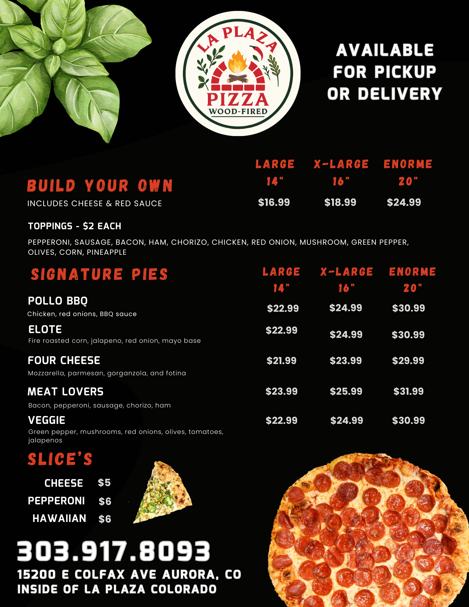 Pizza menu with build-your-own and signature pies, sizes, and prices. Includes a QR code for ordering.