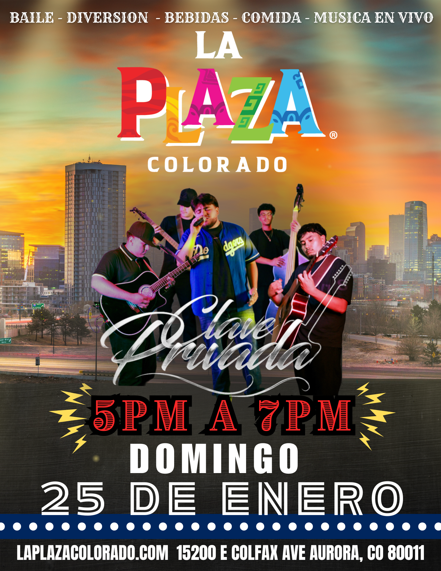 Christmas event flyer for La Plaza, featuring bands, a Christmas tree, and the words