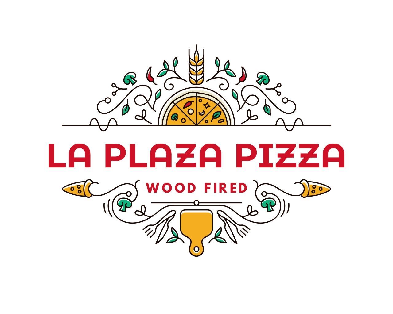 Logo for La Plaza Pizza: Red text with a pizza graphic, floral embellishments, and 