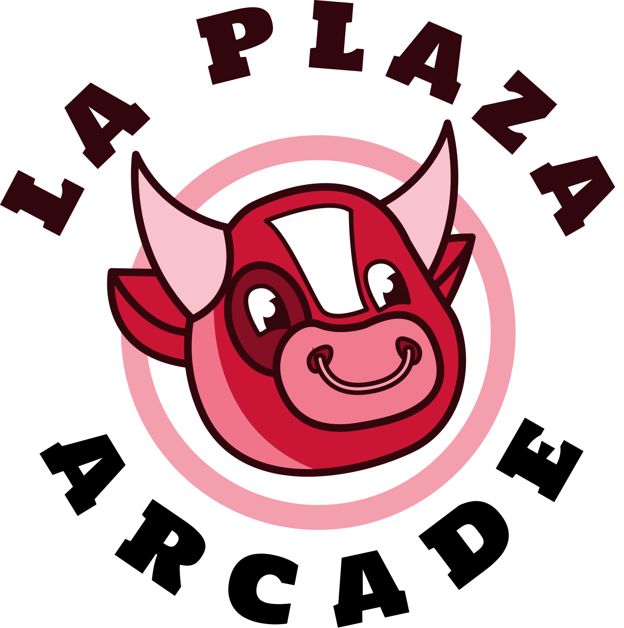 A logo for la plaza arcade with a red bull