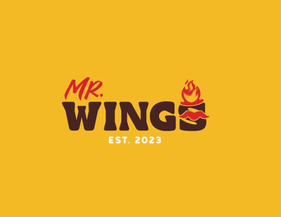Logo for Mr. Wings. Dark brown text on yellow background. Flame image next to word 
