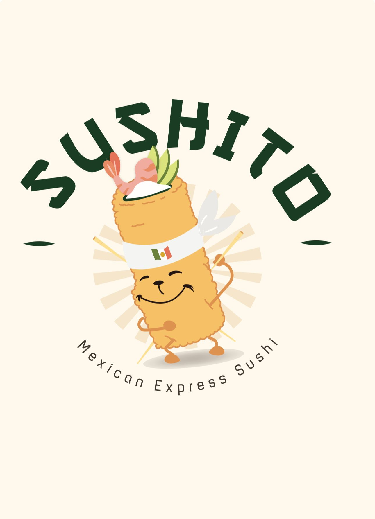 Smiling sushi roll mascot wearing a headband, arms out. 