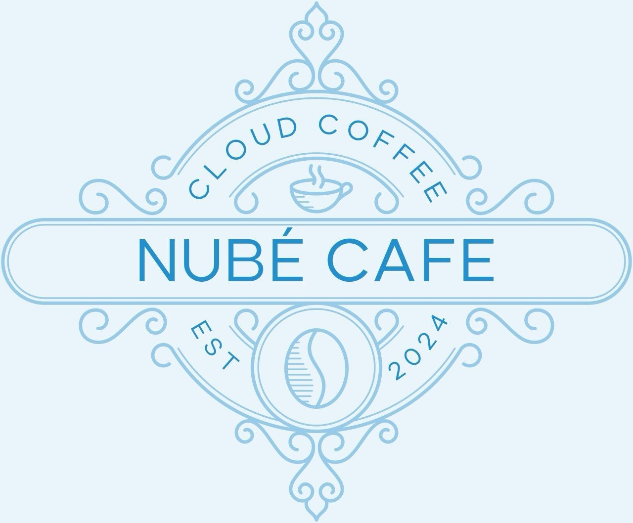 Cloud Coffee Nubé Cafe logo with blue swirls, coffee bean, and text.