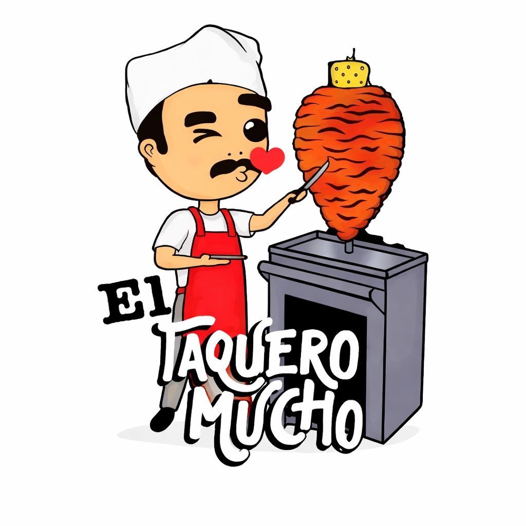 Cartoon chef winking, blowing a kiss at a vertical spit of meat, next to a 