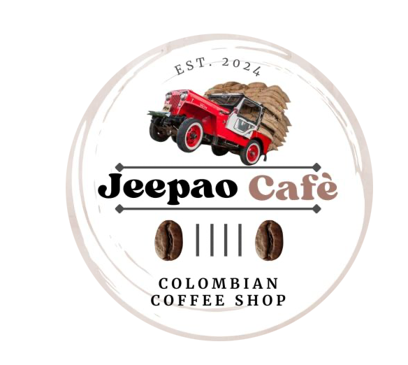 Logo: Red Jeep loaded with coffee bags; 