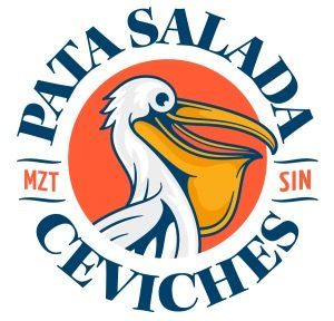 Logo for Pata Salada Ceviches featuring a pelican with an orange circle background. Blue text arcs around the bird.