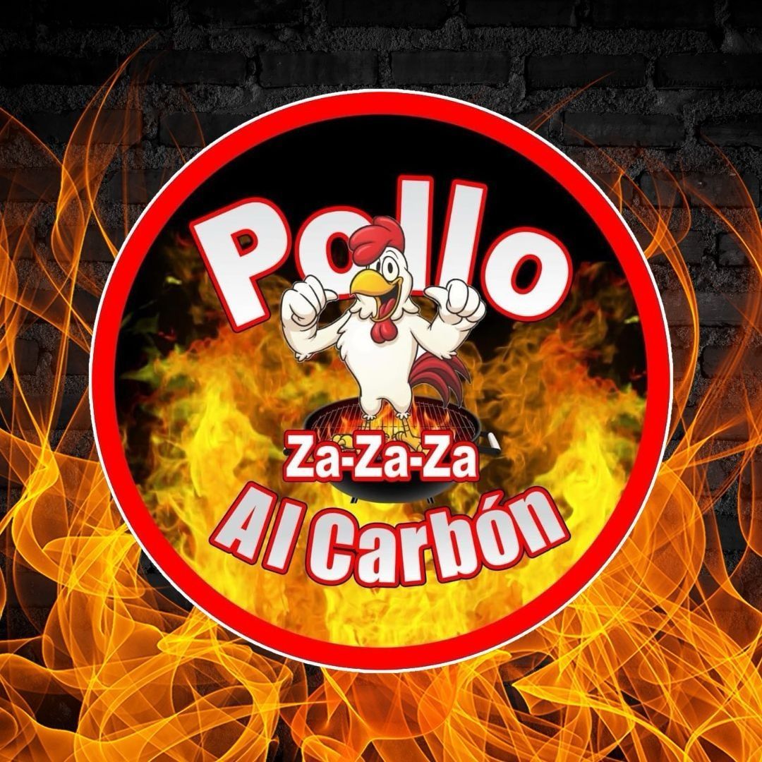 Pollo Al Carbón logo with a cartoon chicken on fire background. The chicken is flexing with the name in red.