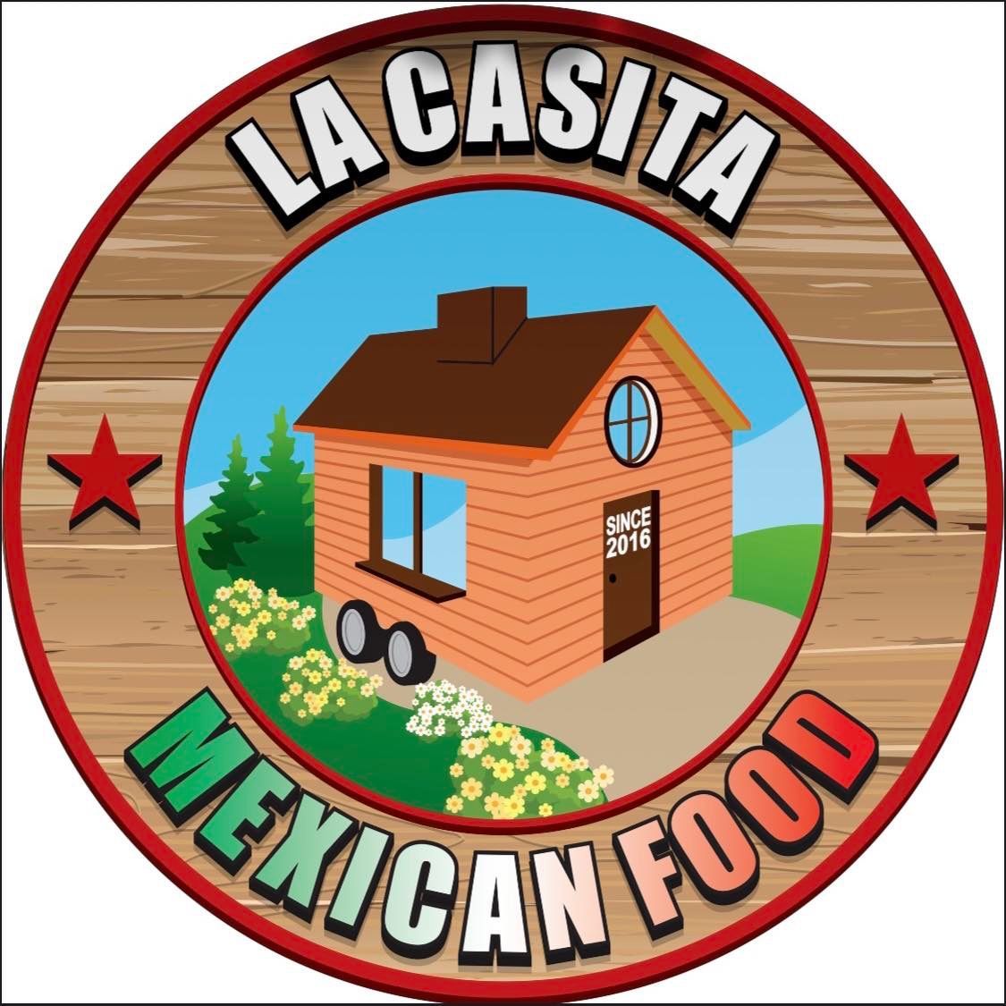 Logo for La Casita Mexican Food, circular design with a house and text 
