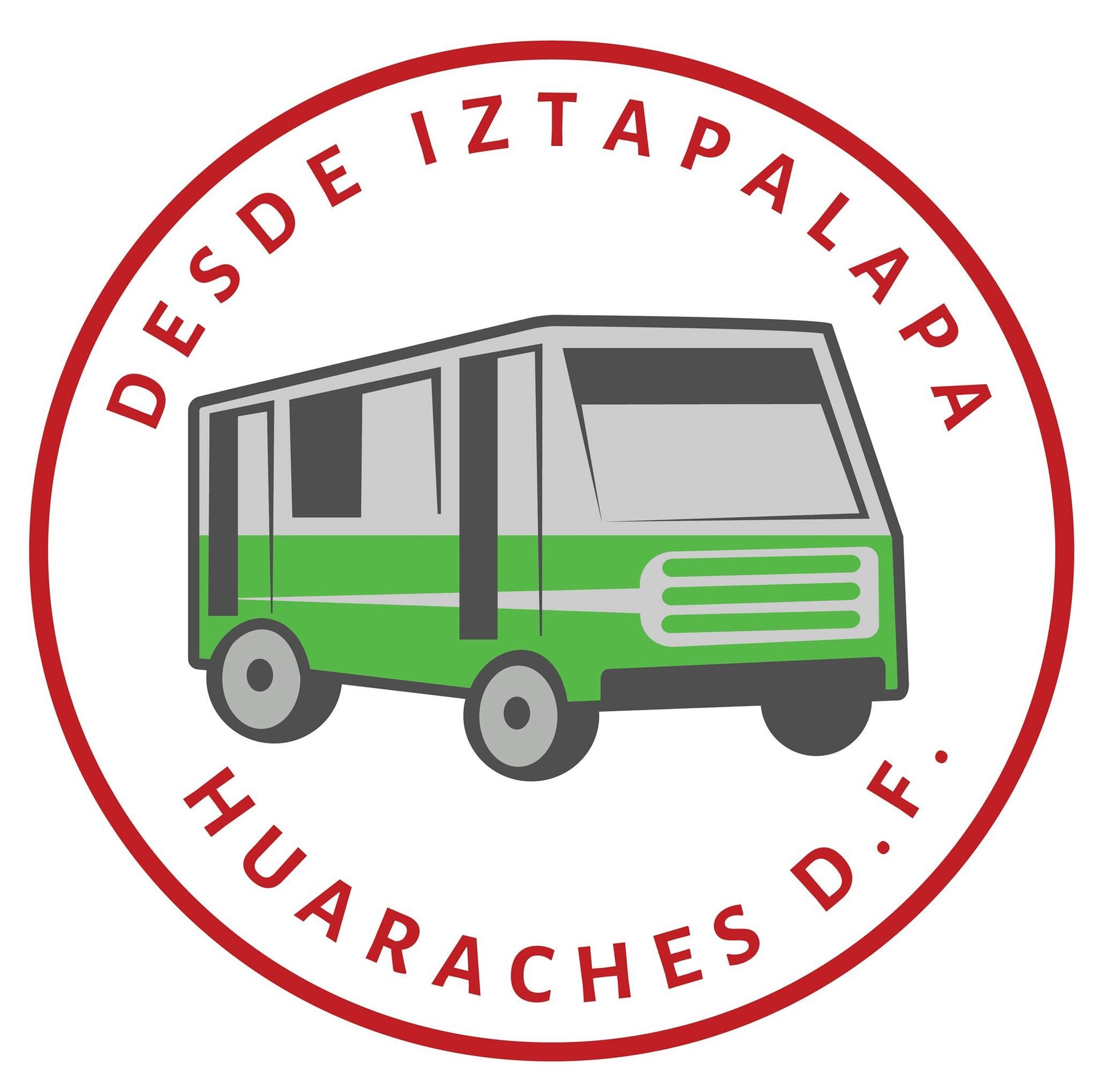 Green and gray bus graphic in a red circular frame; text 