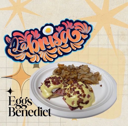 Eggs Benedict dish on a white plate with fried potatoes and La Brisa logo.