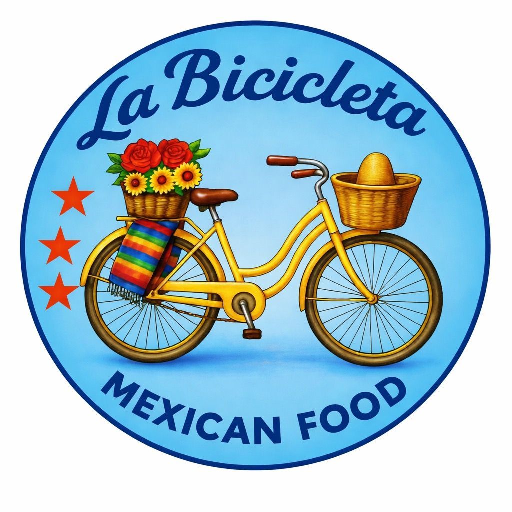 Logo for La Bicicleta Mexican Food: Yellow bicycle with baskets of flowers and food, blue background.
