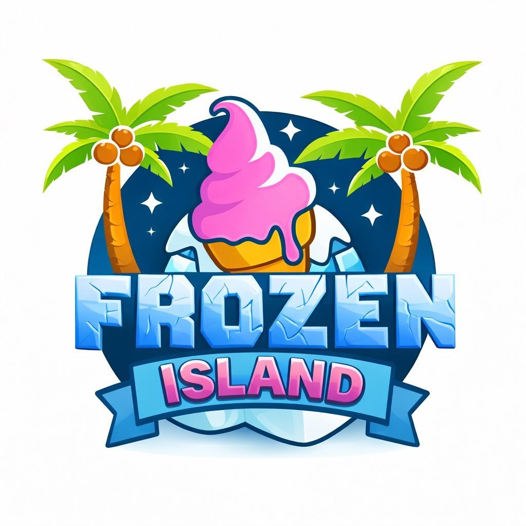 Frozen Island logo: ice cream cone, palm trees, blue banner.