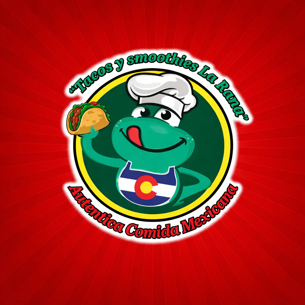 Logo: Green frog chef with taco, wearing Colorado apron, red background. 