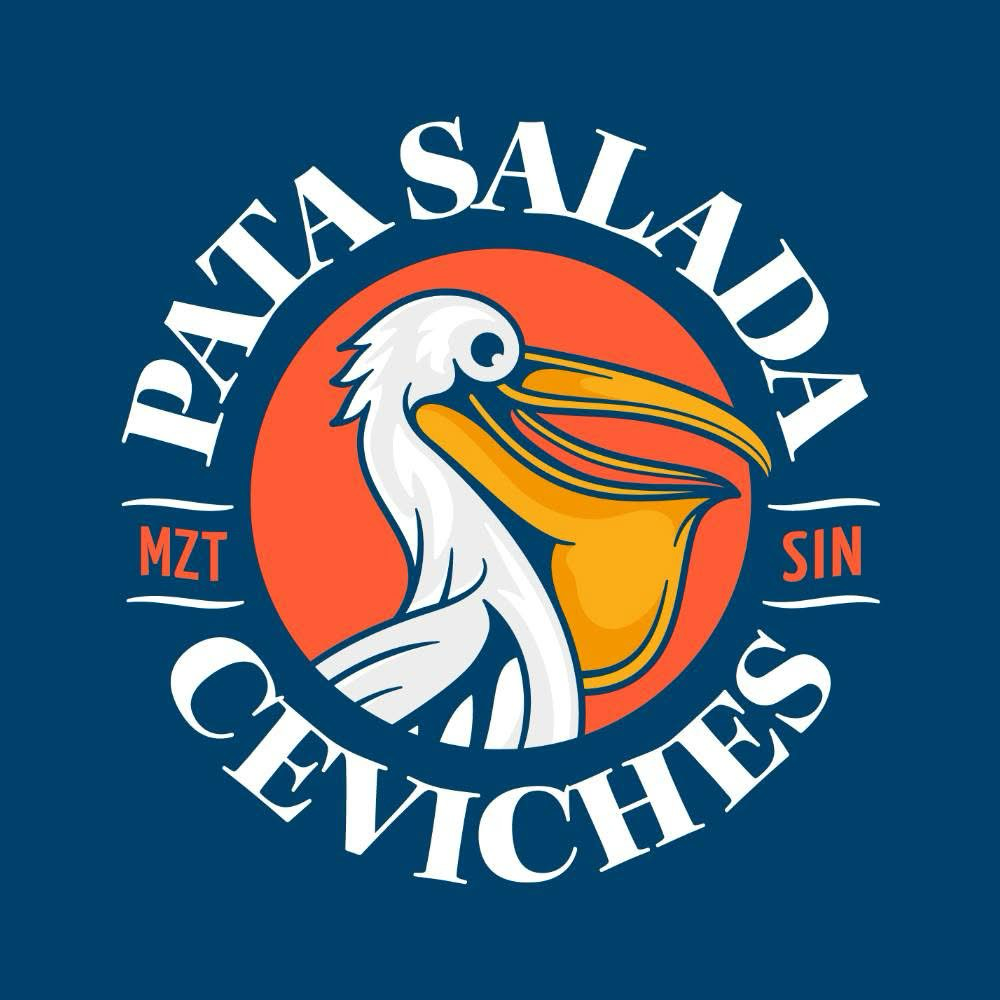 Logo for Pata Salada Ceviches: Pelican inside orange circle, blue background. Text reads 