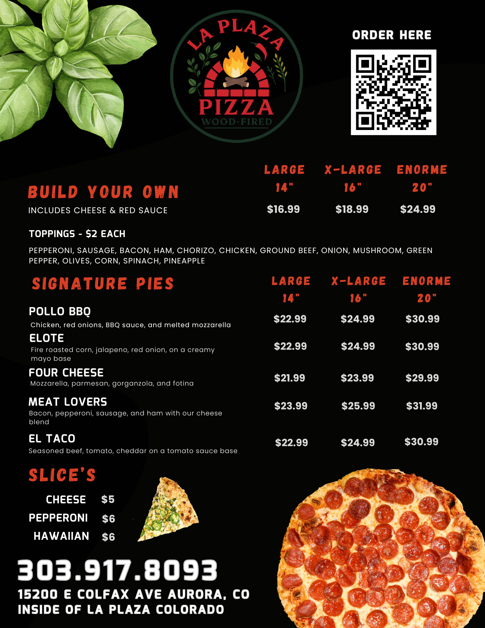 Pizza menu with build-your-own and signature pies, sizes, and prices. Includes a QR code for ordering.