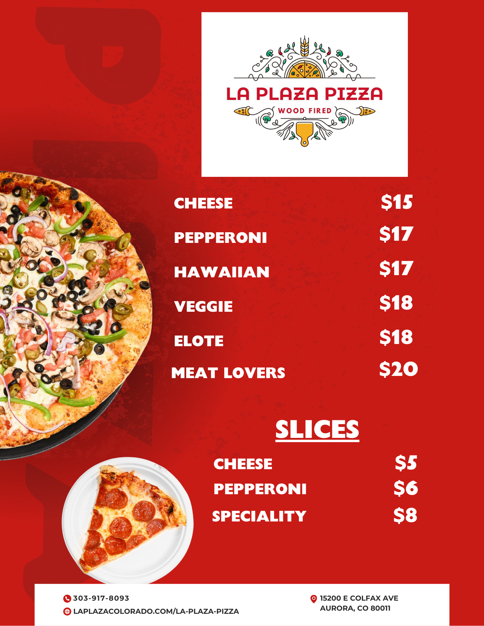 A la plaza pizza menu with a pizza and a slice on a plate