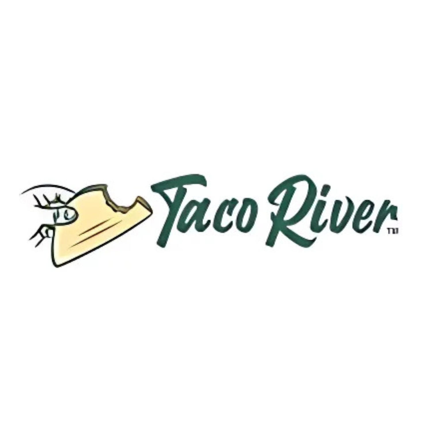 Logo for Taco River: hand holding a tortilla with a bite taken out, green script text.