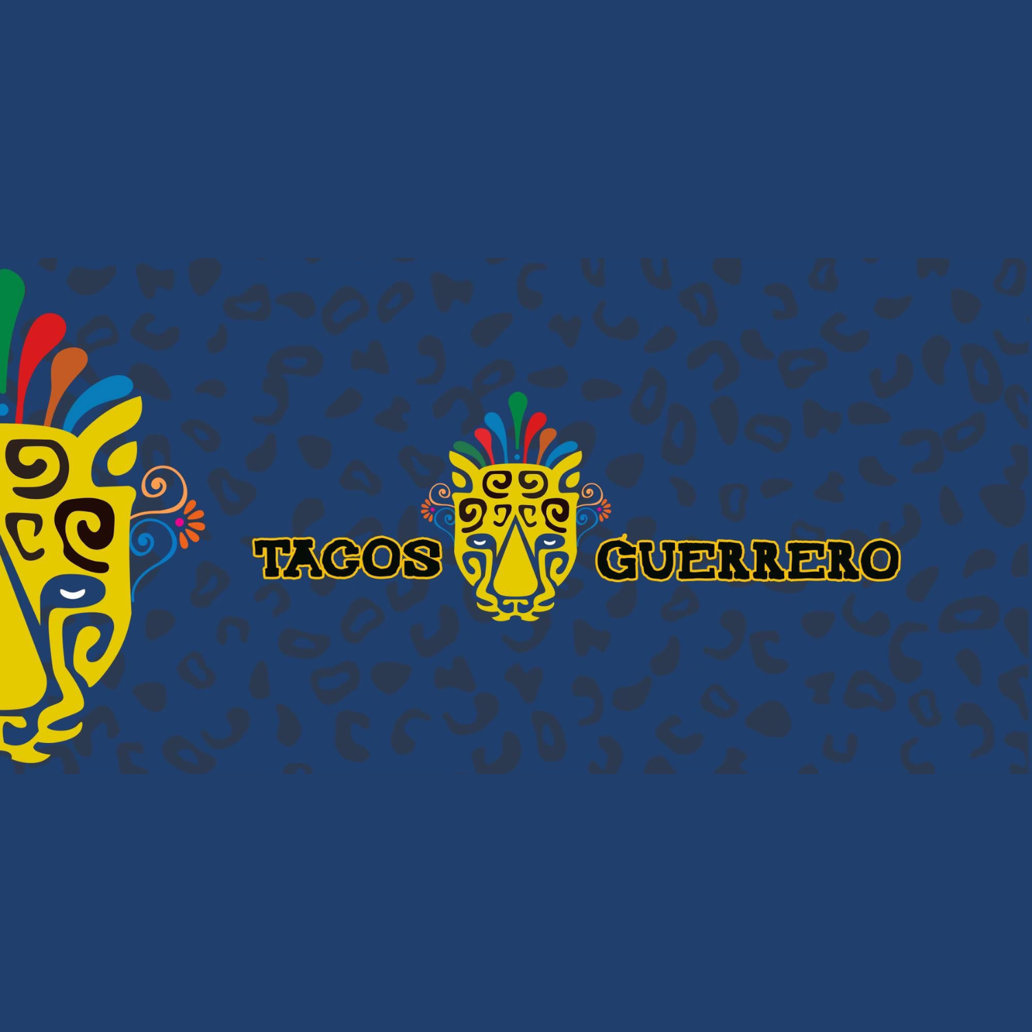 Logo for Tacos Guerrero: yellow jaguar faces with colorful head feathers on blue background, text 