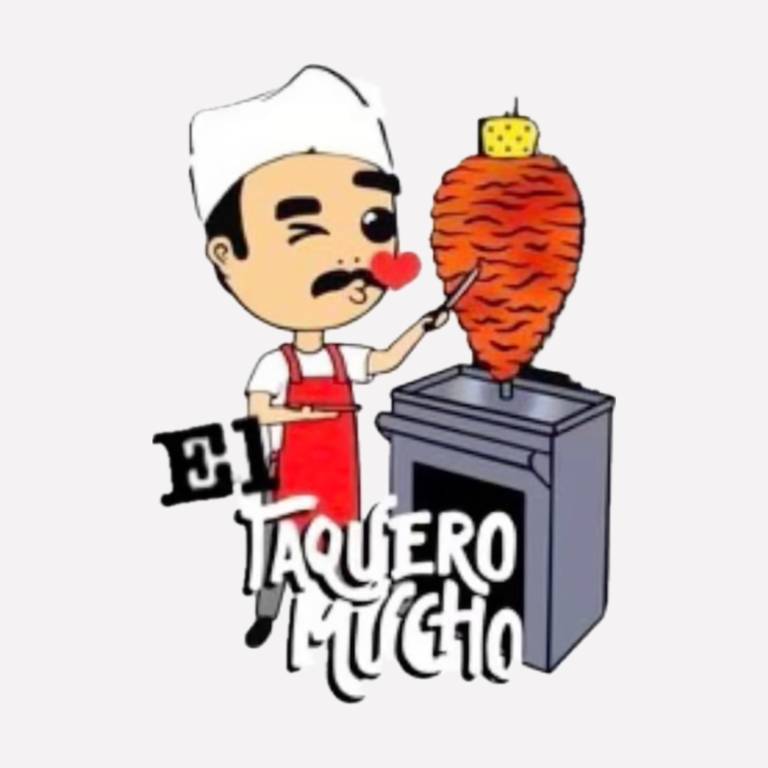 Cartoon of a chef winking, blowing a kiss at a rotating al pastor, with the text 