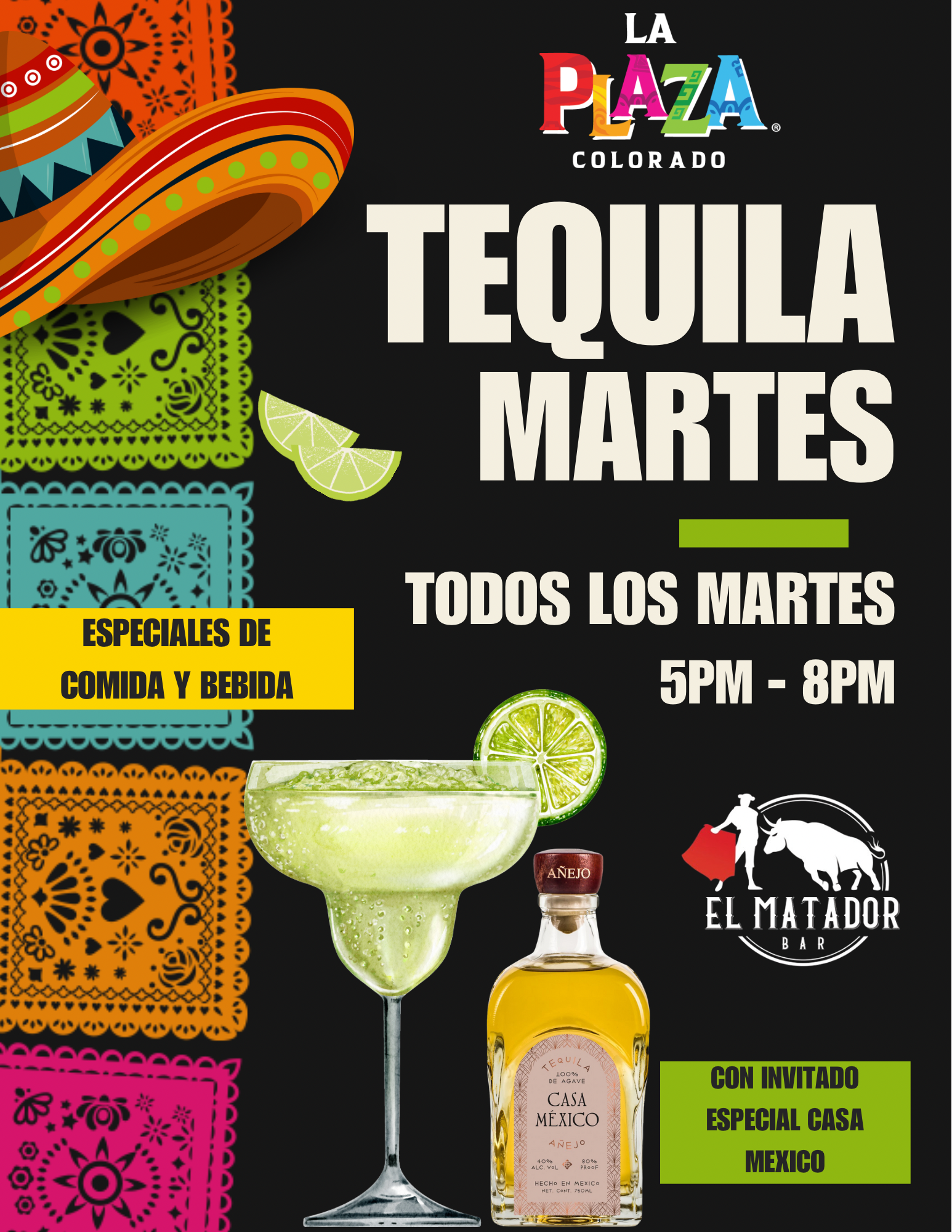 Tequila Tuesday at La Plaza Colorado. Deals on food and cocktails. Includes tequila, food, and drinks.