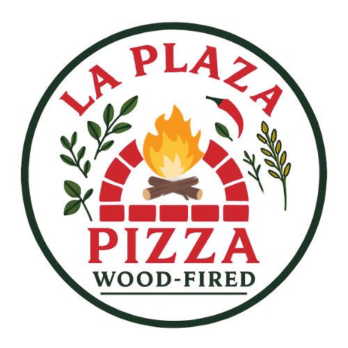 La Plaza Pizza logo with pizza slice design and decorative floral elements.