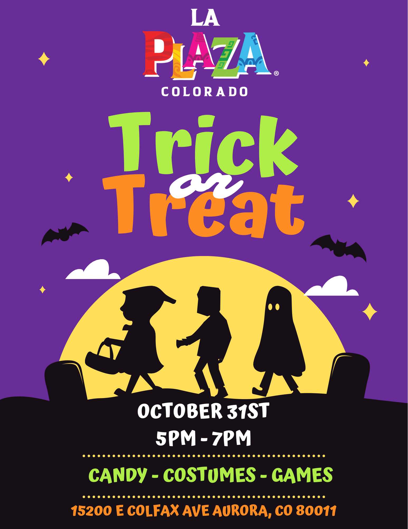 Halloween event flyer at La Plaza in Colorado: trick-or-treating, costumes, games, Oct 31st, 5-7 PM, 15200 E Colfax Ave Aurora.