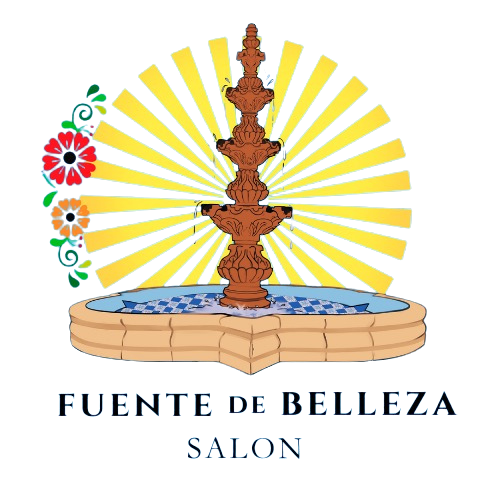 Fountain with radiating sunburst, floral accents, and text 