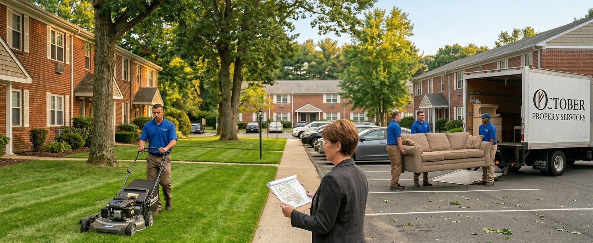 A person mows the lawn while movers unload a sofa from a truck in an apartment complex parking lot.