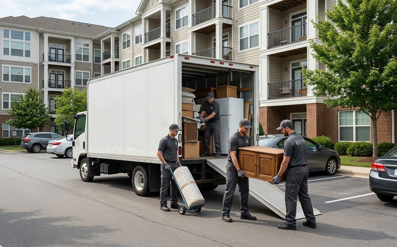 Four movers in gray uniforms load furniture and appliances into a white truck labeled October Moving Services.