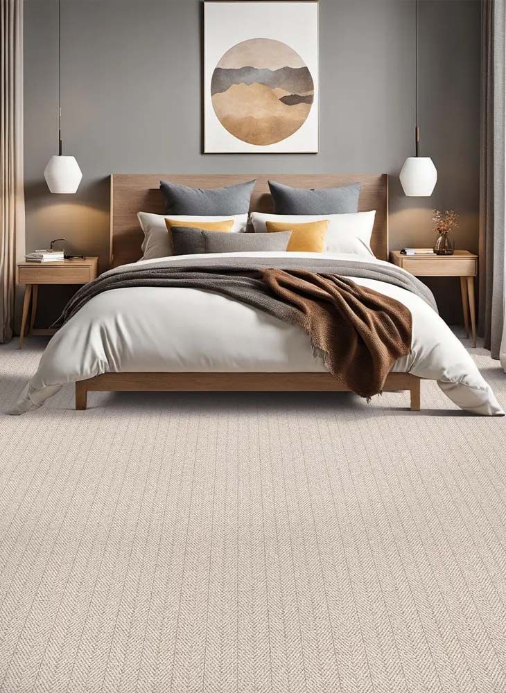 Bedroom with a bed, nightstands, gray wall, and a patterned beige carpet.