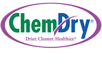 Chem-Dry logo with green and blue text inside a purple oval, promoting drier, cleaner, and healthier services.