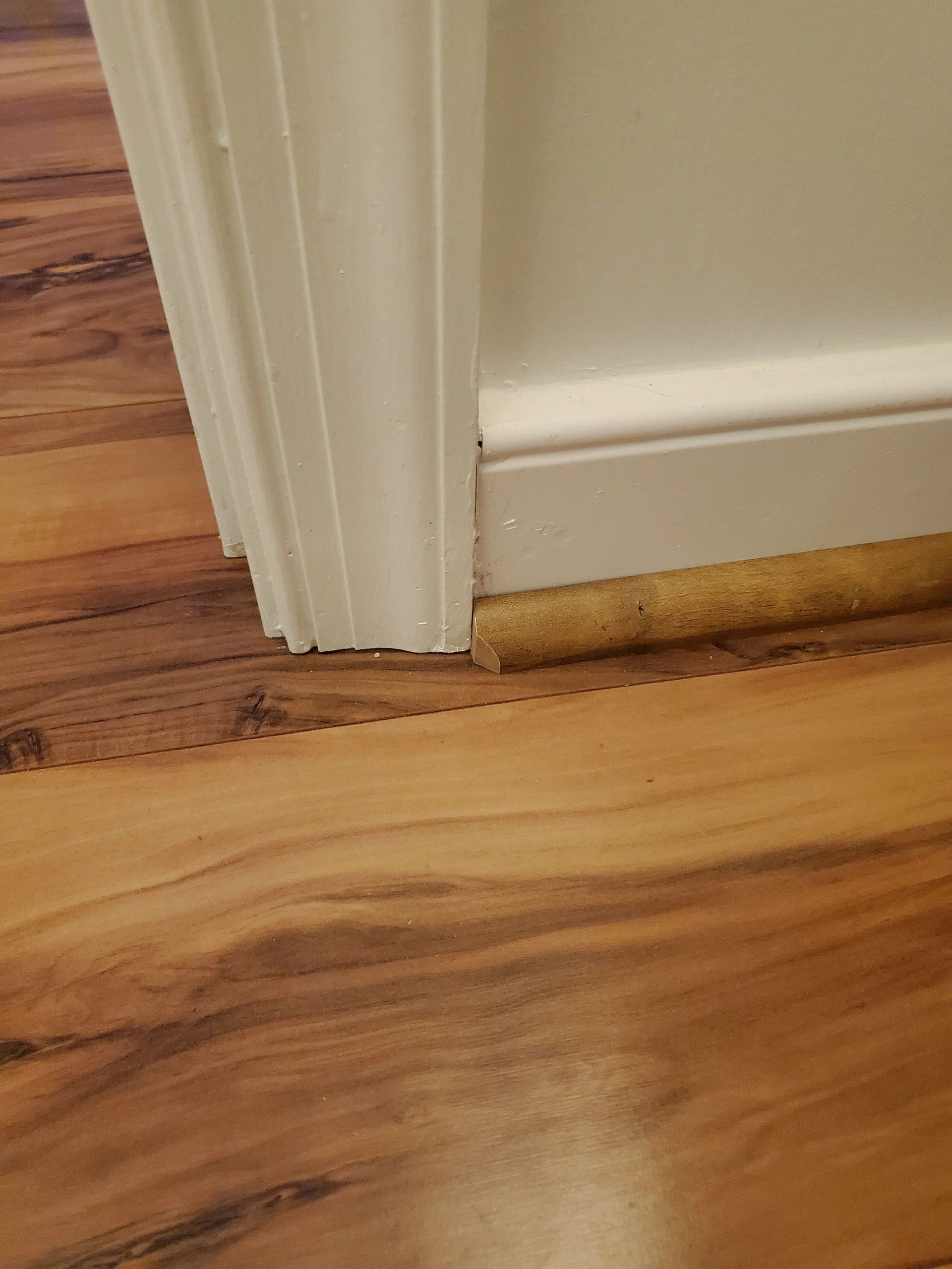 Laminate flooring meets a door frame and baseboard trim. Brown floor, white trim, beige floor spacer.