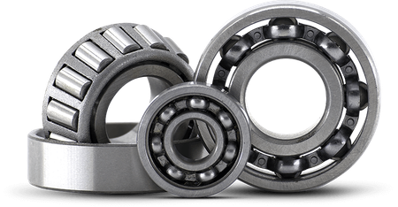 Three silver ball bearings and roller bearings on a white background