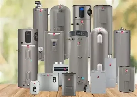 A collection of Rheem water heaters of various sizes and shapes, displayed on a wooden surface with a blurred background.