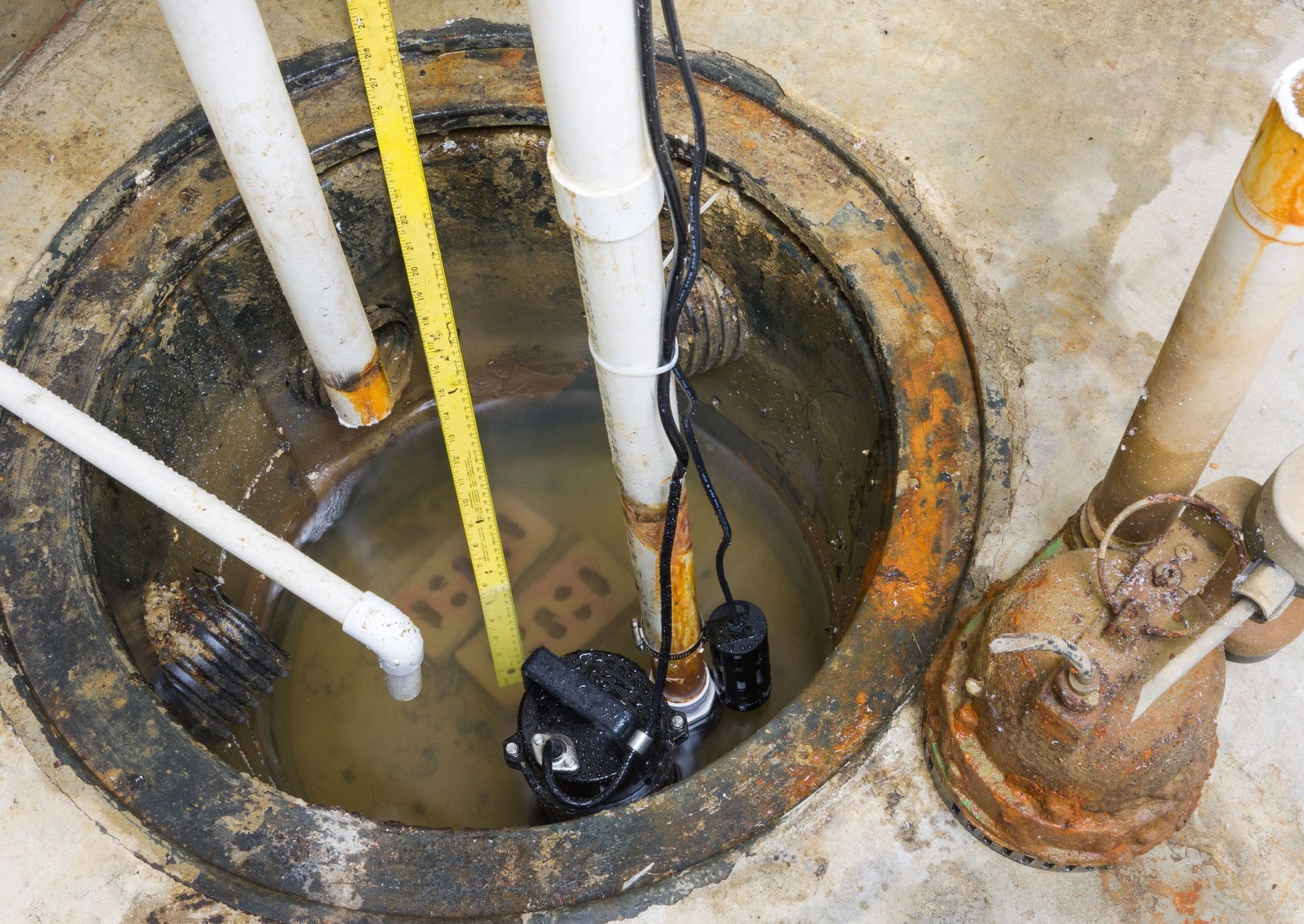 A trench dug in front yard with white PVC pipe, in front of a brick house.