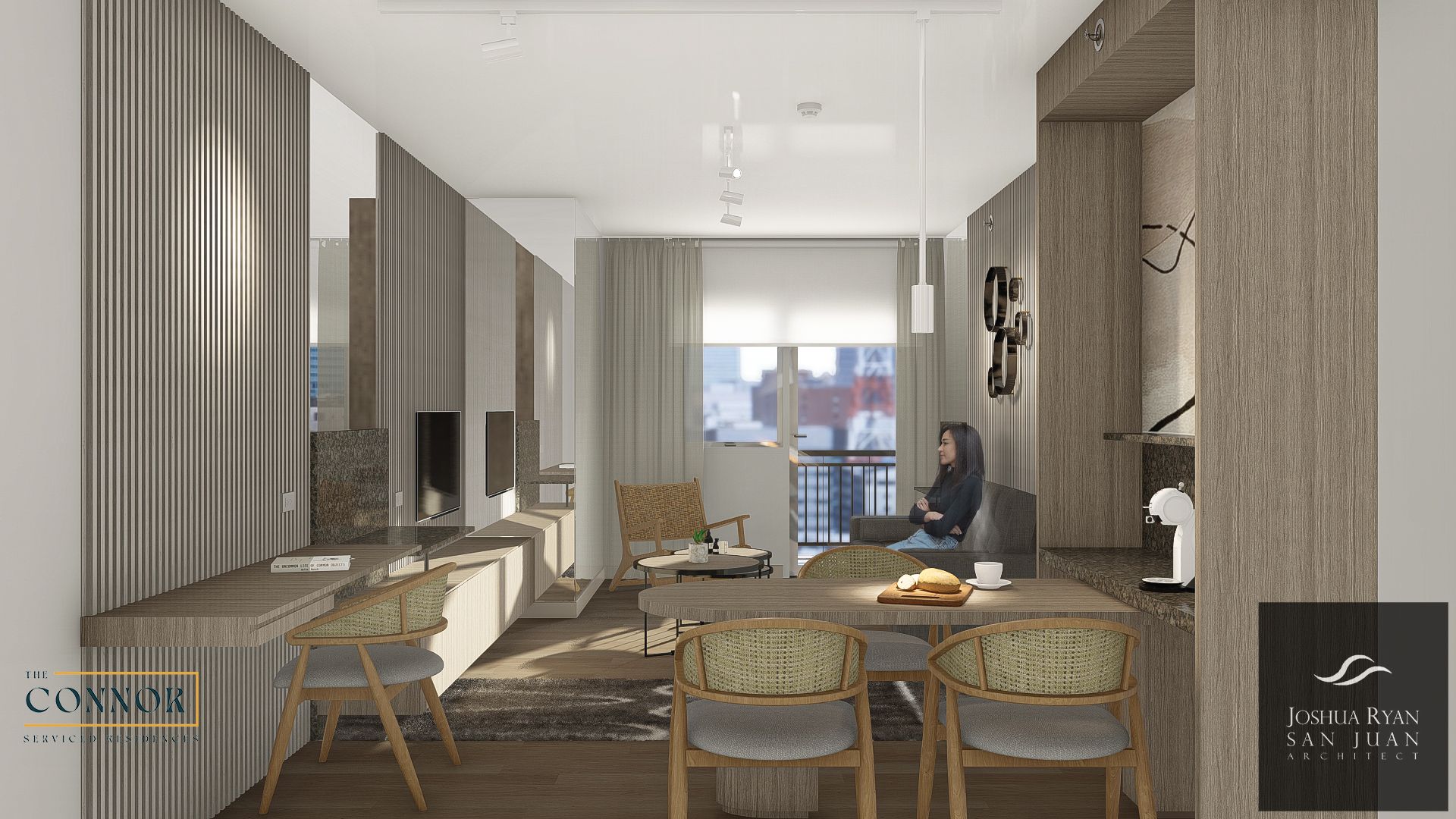 Interior design rendering of a modern living and dining space with a person on a sofa near a window.