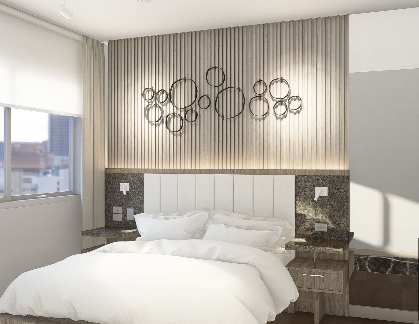 A bedroom with a bed , nightstand , and window in greenhills