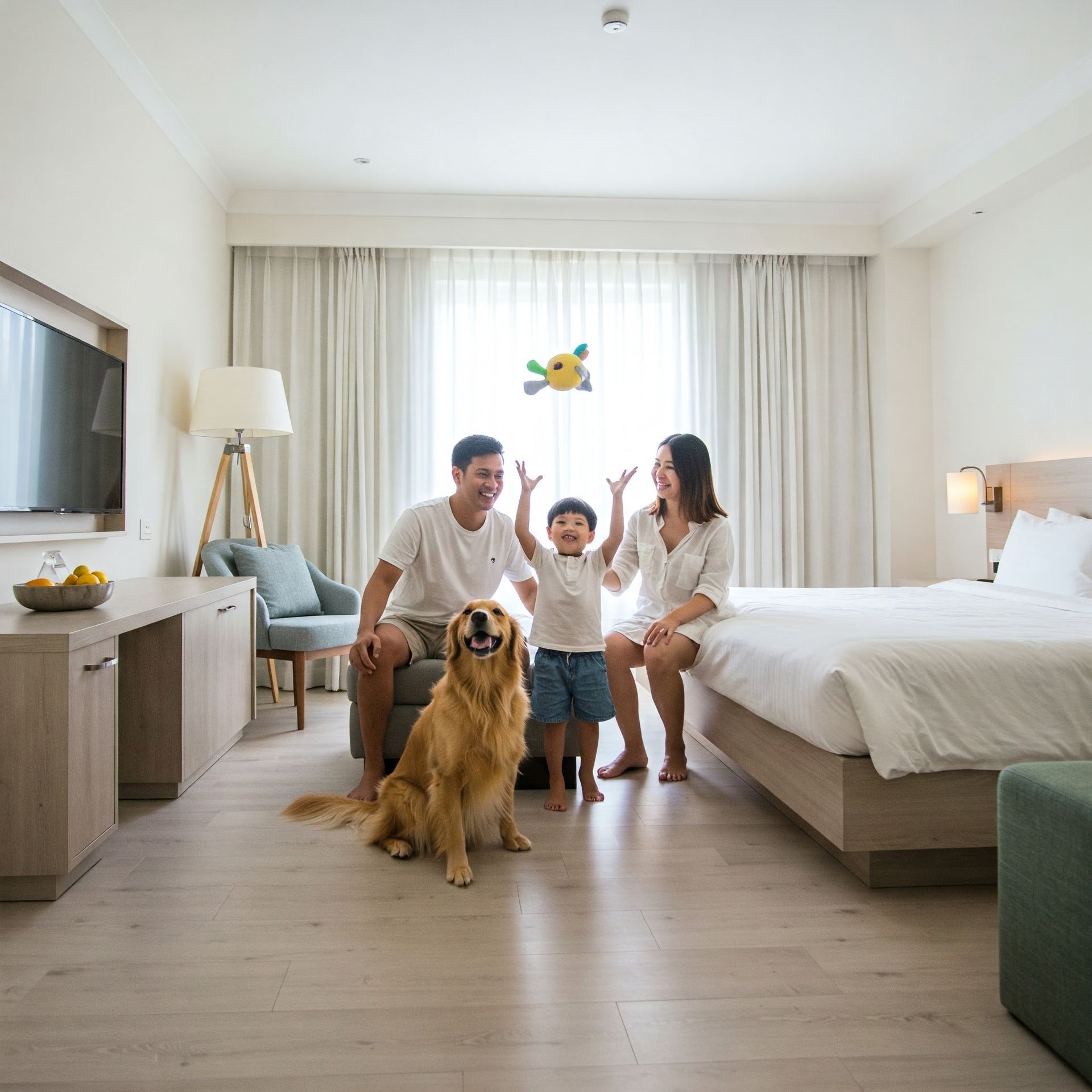 Family and dog in a bright hotel room, smiling and playing with a toy.