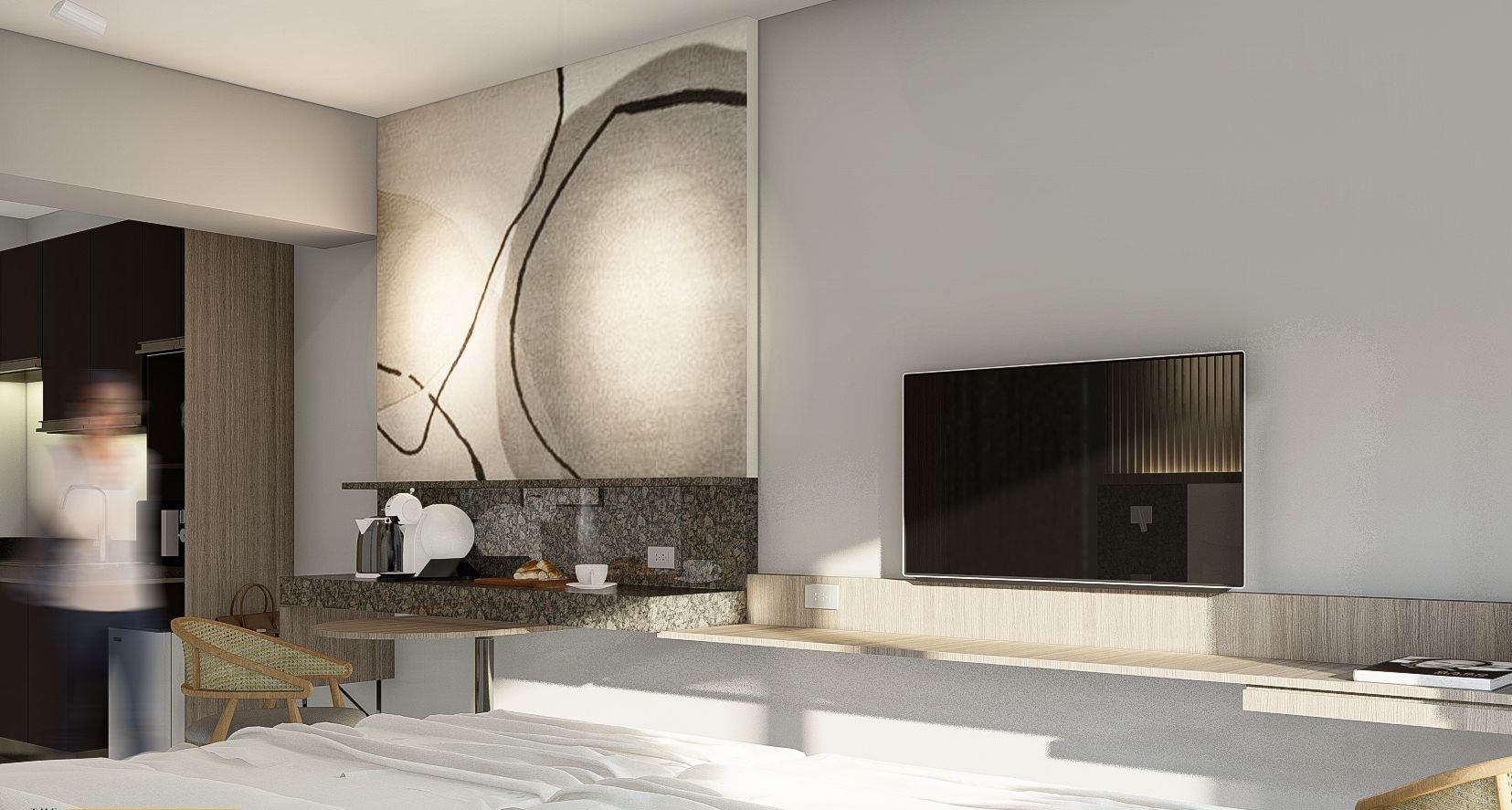 Hotel room with a built-in shelf and TV, plus an abstract art piece above a countertop with coffee supplies.