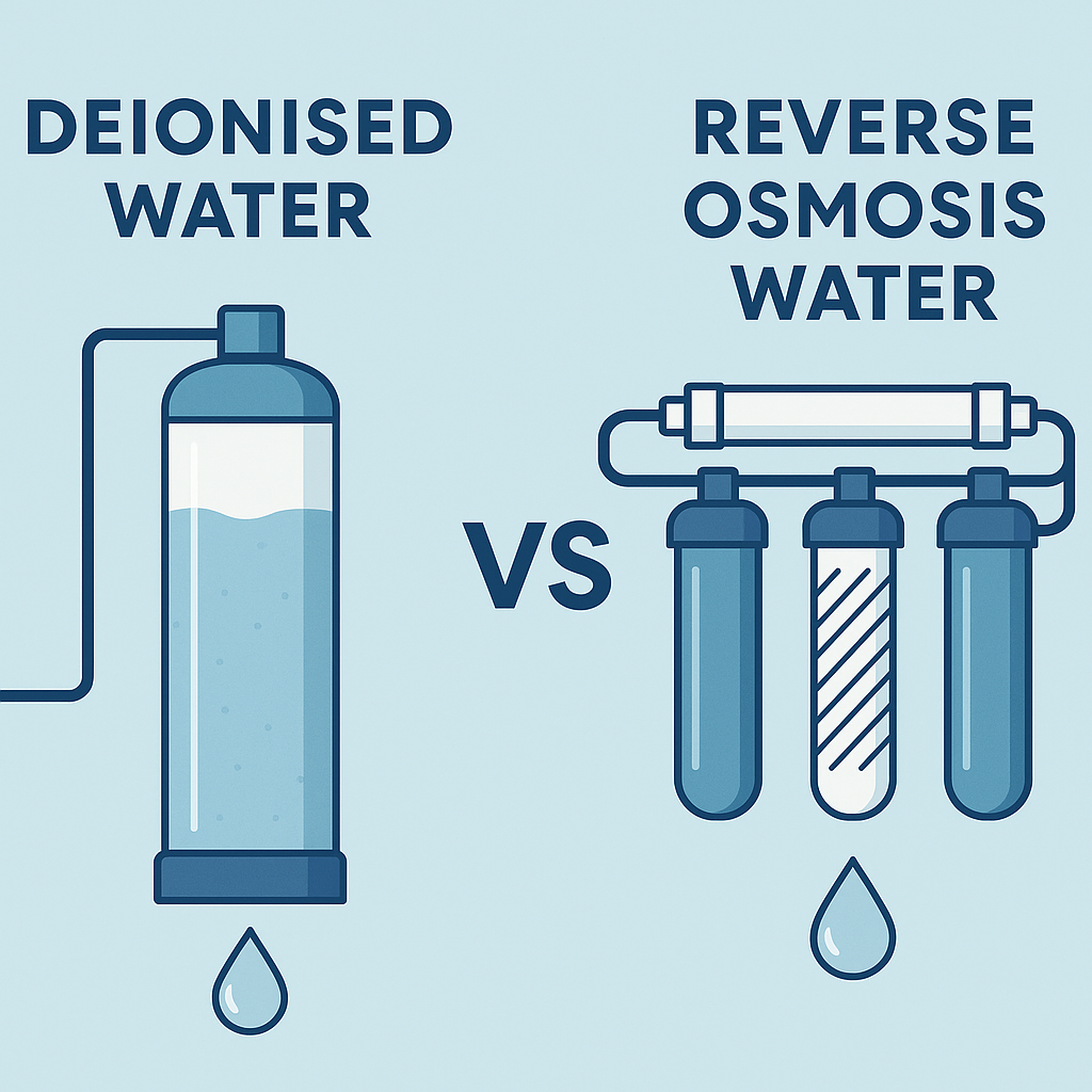 Illustration comparing deionised water and reverse osmosis water systems; the left side shows a deionisation column with a droplet, and the right shows a multi-stage reverse osmosis filter, separated by a 