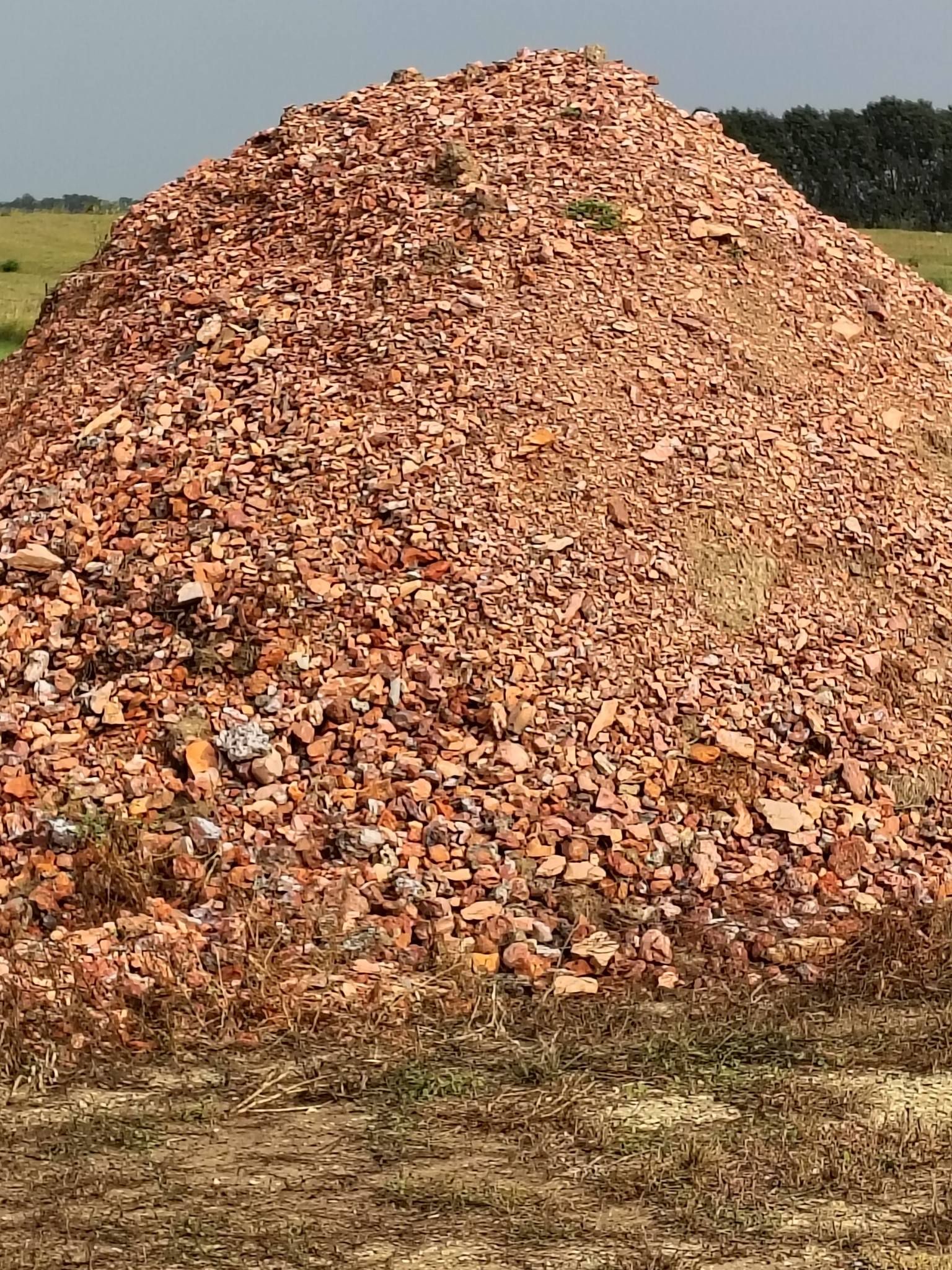 Pile of broken red bricks in a field, under a blue sky, surrounded by dry grass.