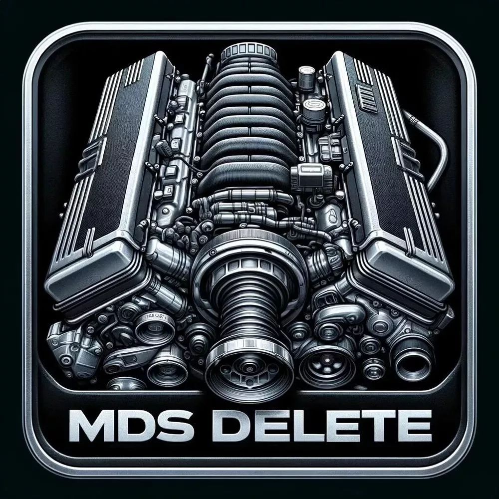 A picture of a car engine with the words mds delete below it