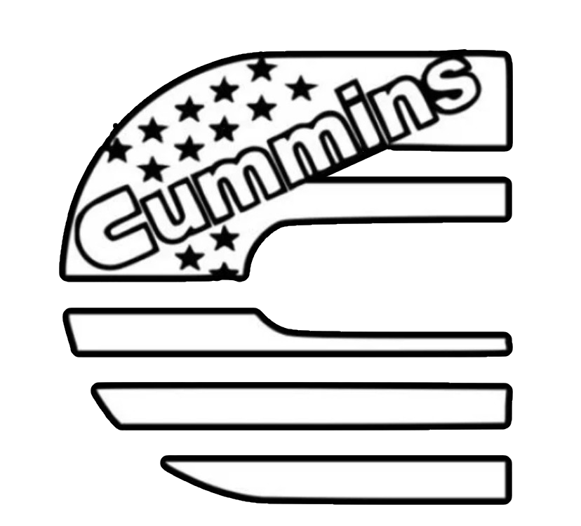 A black and white drawing of a cummins logo with an american flag.