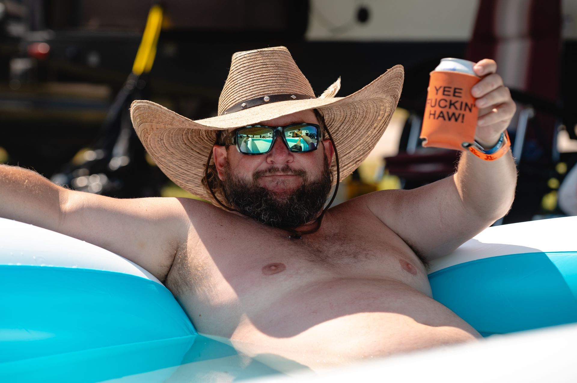 Festival campsite with decorated RV trailer