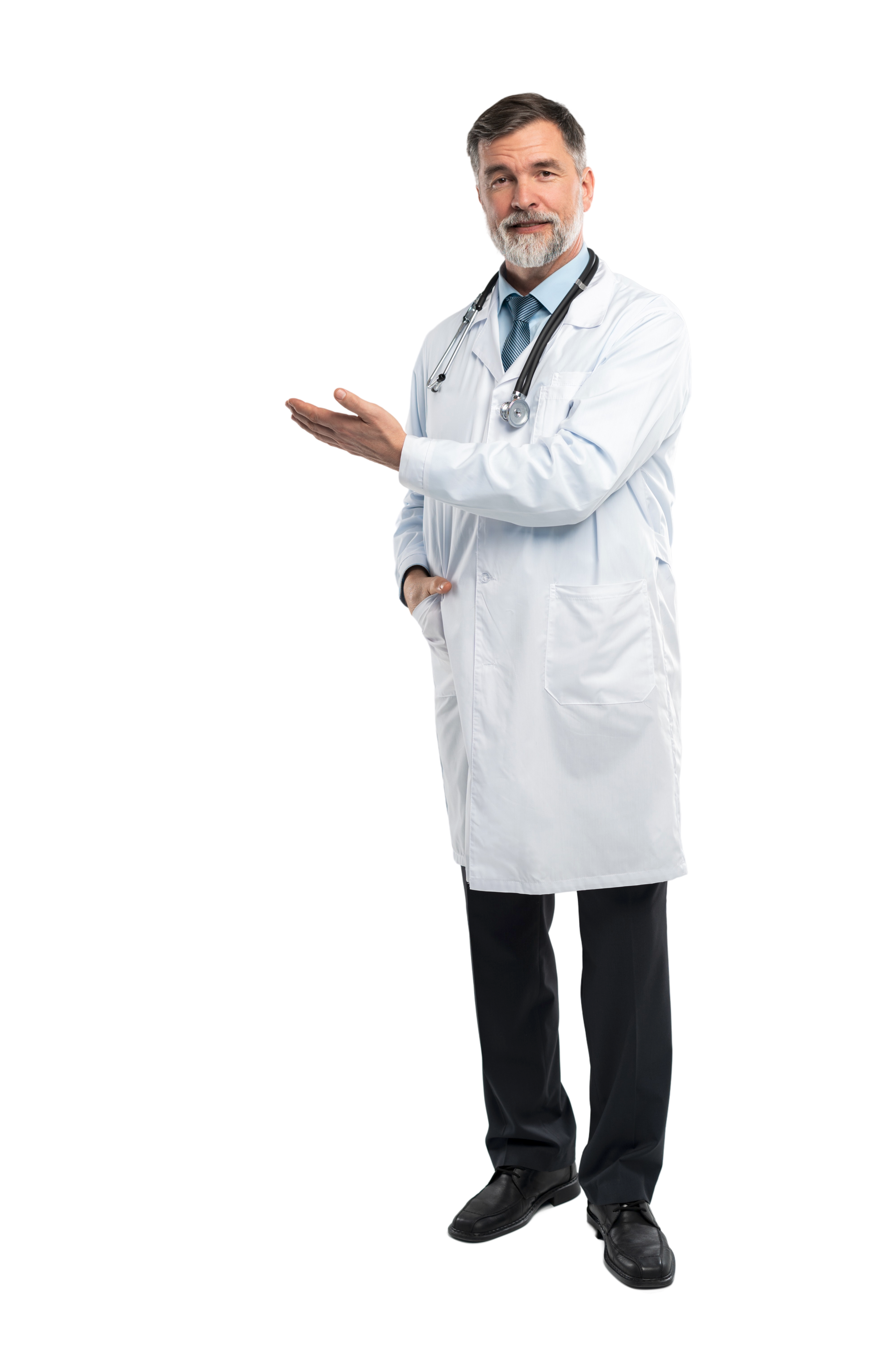 A doctor with a stethoscope around his neck is standing in front of a white background.