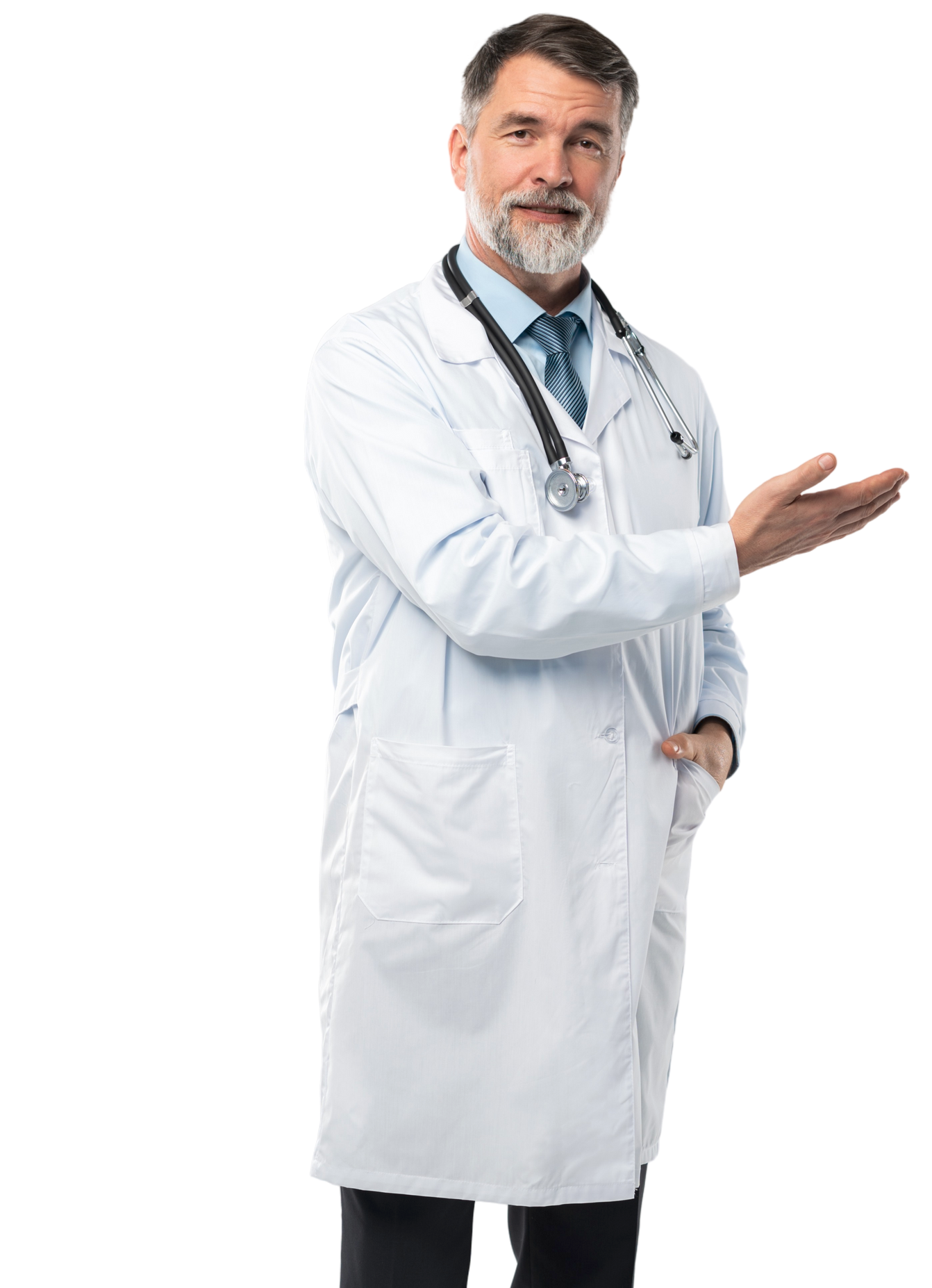 A doctor with a stethoscope around his neck is holding out his hand.