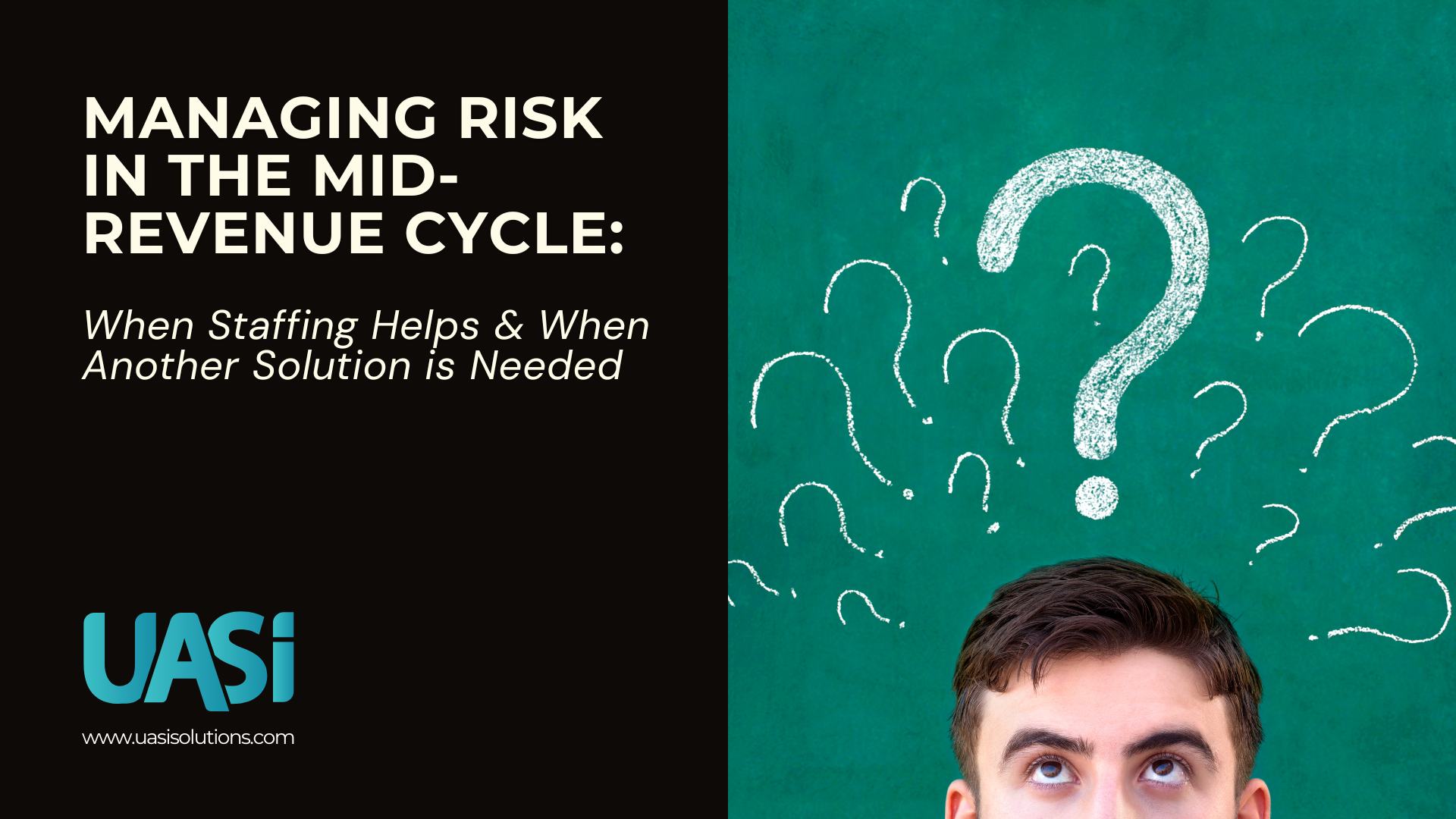 Mid-revenue cycle risk management graphic showing staffing vs managed services decision concept