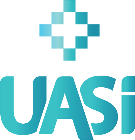 The logo for uasi is blue and has a cross on it.