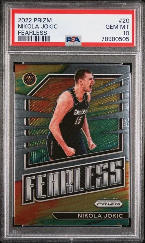 A PSA 10 graded Nikola Jokic Fearless card from 2022 Prizm. Card features Jokic yelling.