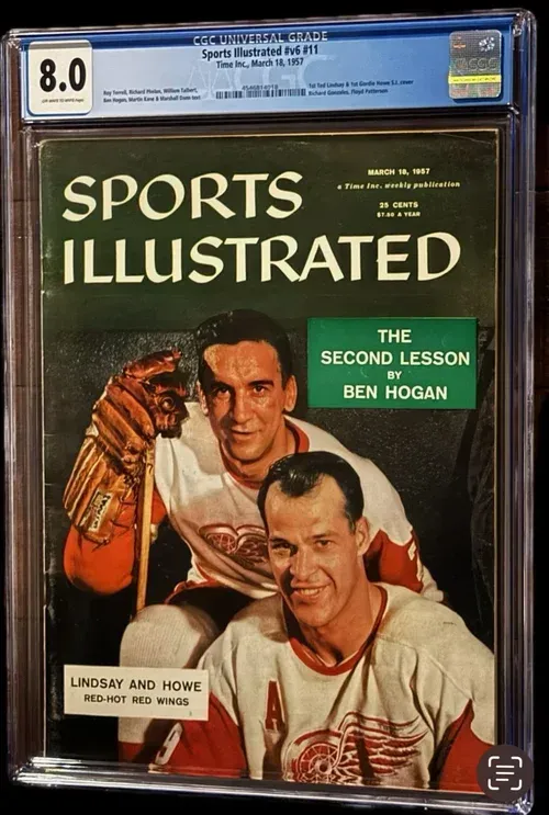 Sports Illustrated cover featuring hockey players Gordie Howe and Ted Lindsay. Graded at 8.0.